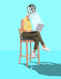 Image of Copywriter profession. Woman with magnifying glass instead of head working on laptop against cyan background