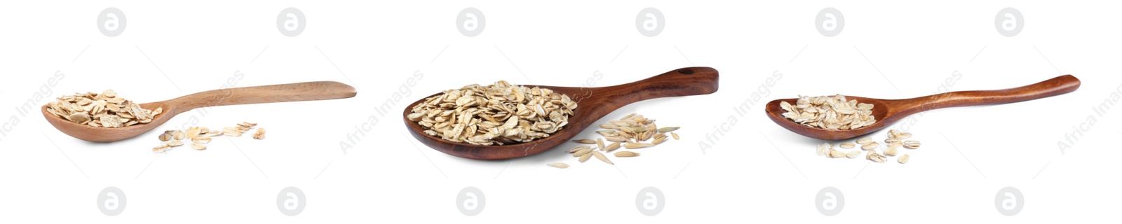 Image of Set with uncooked oatmeal on white background. Banner design