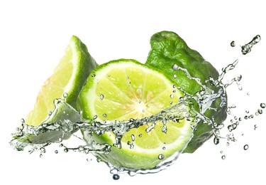 Image of Fresh ripe bergamot fruits and splashing water on white background