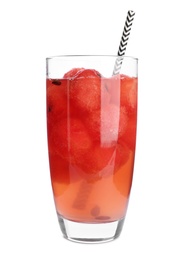 Photo of Glass of watermelon ball cocktail on white background