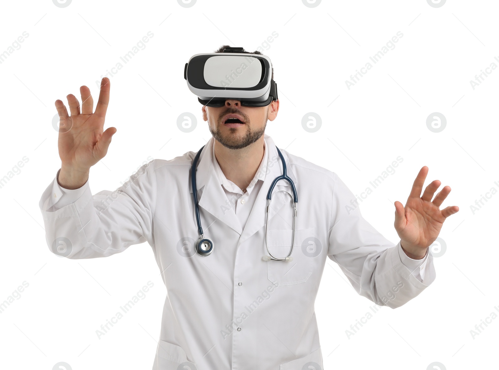 Photo of Doctor using virtual reality headset on white background