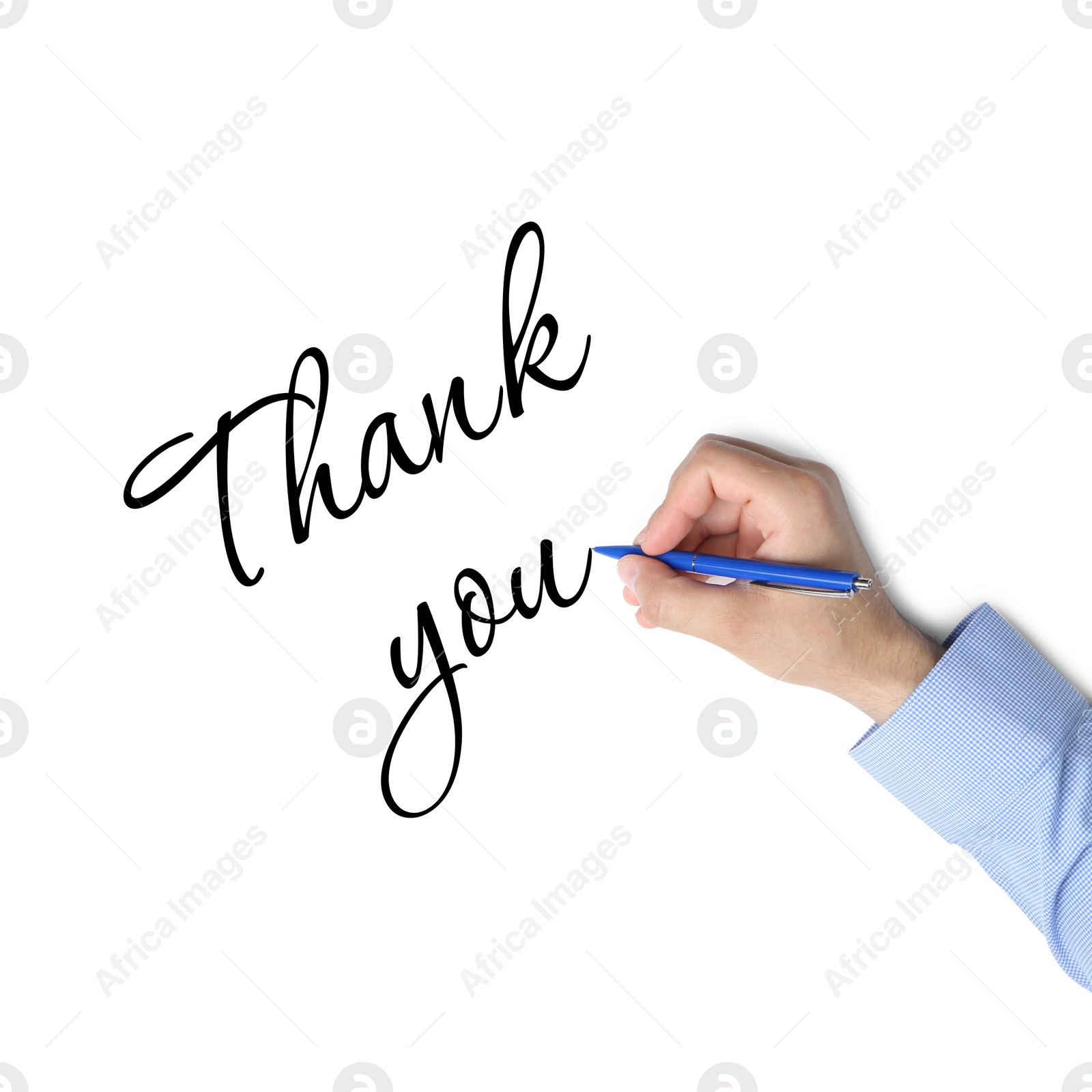 Image of Man writing phrase Thank You on white background, top view