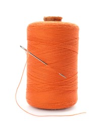 Orange sewing thread with needle on white background