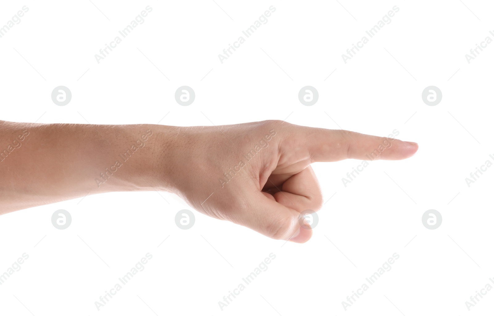 Photo of Man pointing at something on white background, closeup of hand