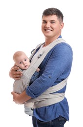 Father holding his child in baby carrier on white background