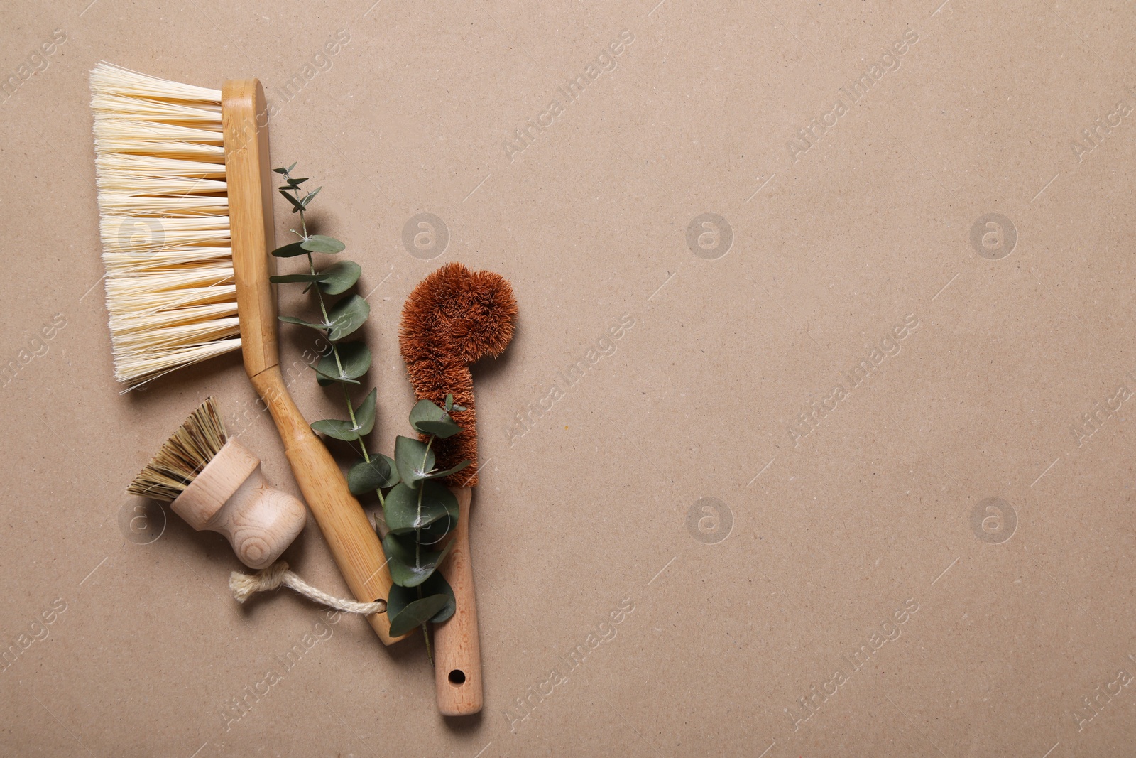 Photo of Cleaning brushes and eucalyptus leaves on pale brown background, flat lay. Space for text