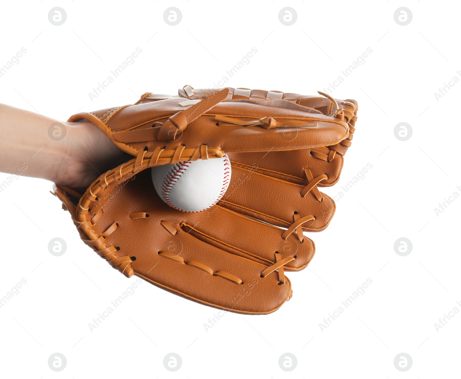 Photo of Woman with leather baseball glove and ball on white background