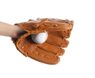 Photo of Woman with leather baseball glove and ball on white background