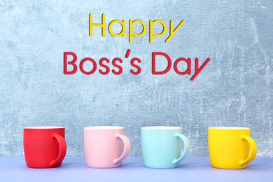 Image of Happy Boss`s Day. Greeting card design with many colorful cups