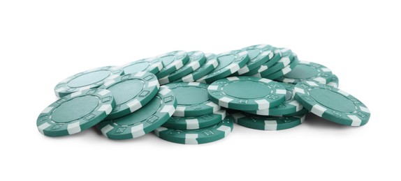 Photo of Pile of casino poker chips on white background