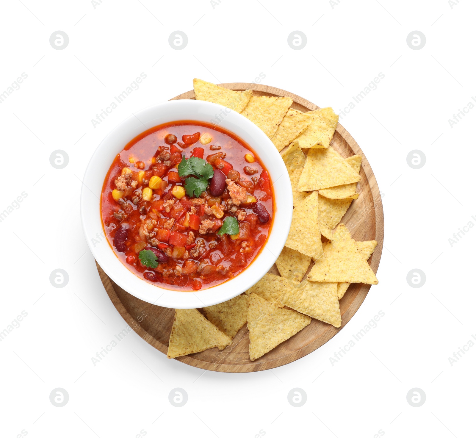 Photo of Bowl with tasty chili con carne and nachos on white background, top view