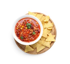 Bowl with tasty chili con carne and nachos on white background, top view