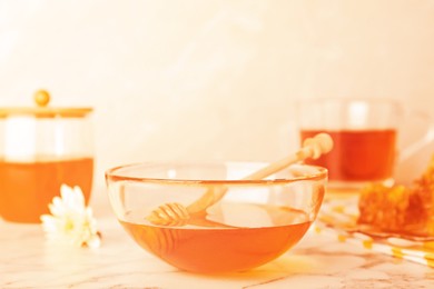 Image of Glass bowl with tasty honey and dipper on marble table