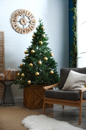 Beautiful interior with decorated Christmas tree in living room