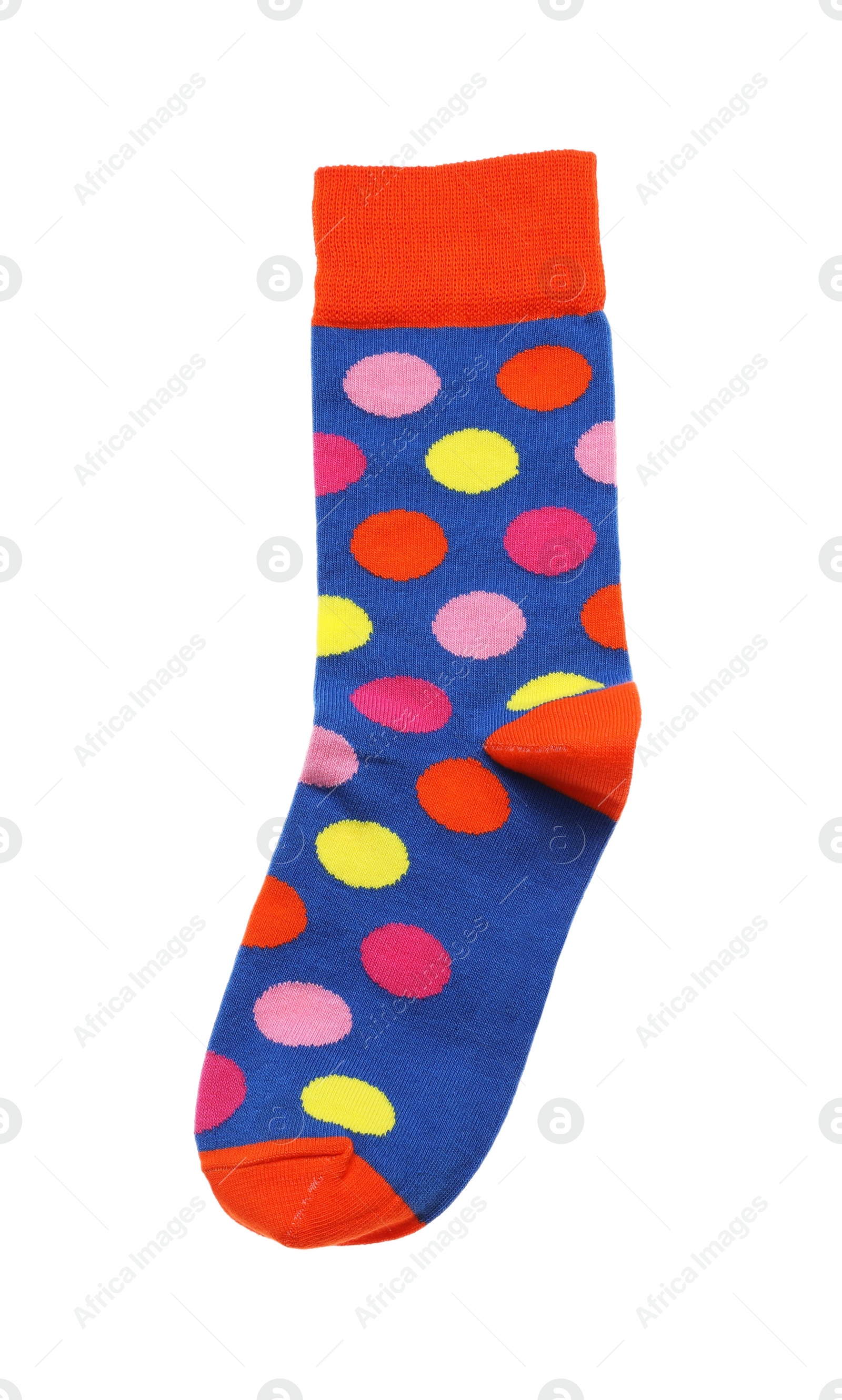 Photo of Colorful sock isolated on white, top view