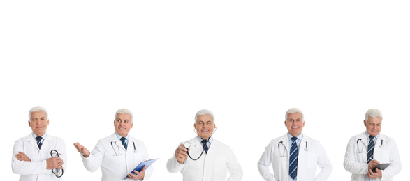 Image of Collage with photos of senior doctor on white background, banner design