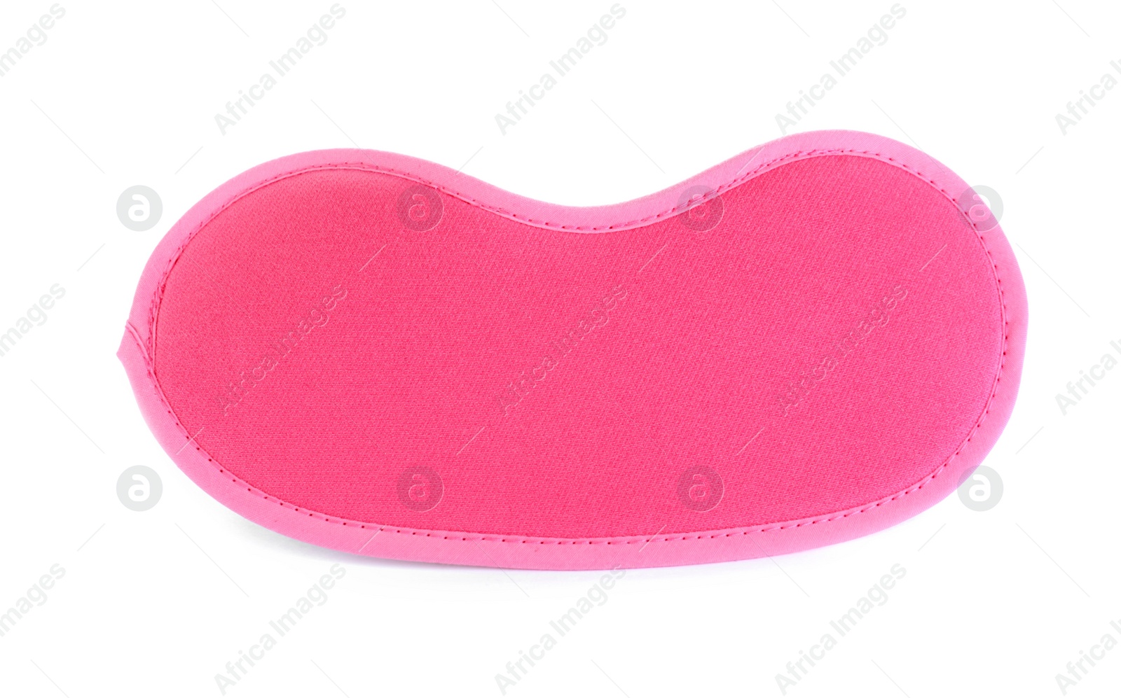 Photo of Pink sleeping eye mask isolated on white, top view. Bedtime