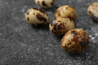 Photo of Many speckled quail eggs on black textured table, closeup. Space for text