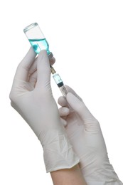 Photo of Doctor filling syringe with medicine from vial on white background, closeup