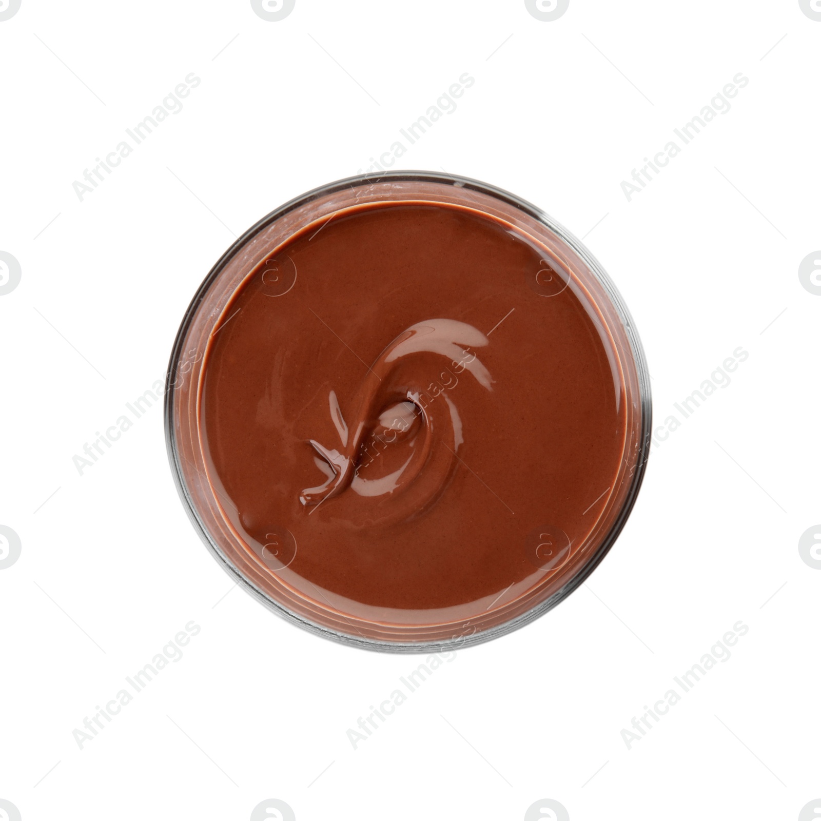 Photo of Glass with tasty chocolate cream isolated on white, top view