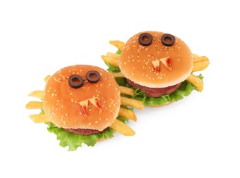 Photo of Tasty monster sandwiches for Halloween party isolated on white