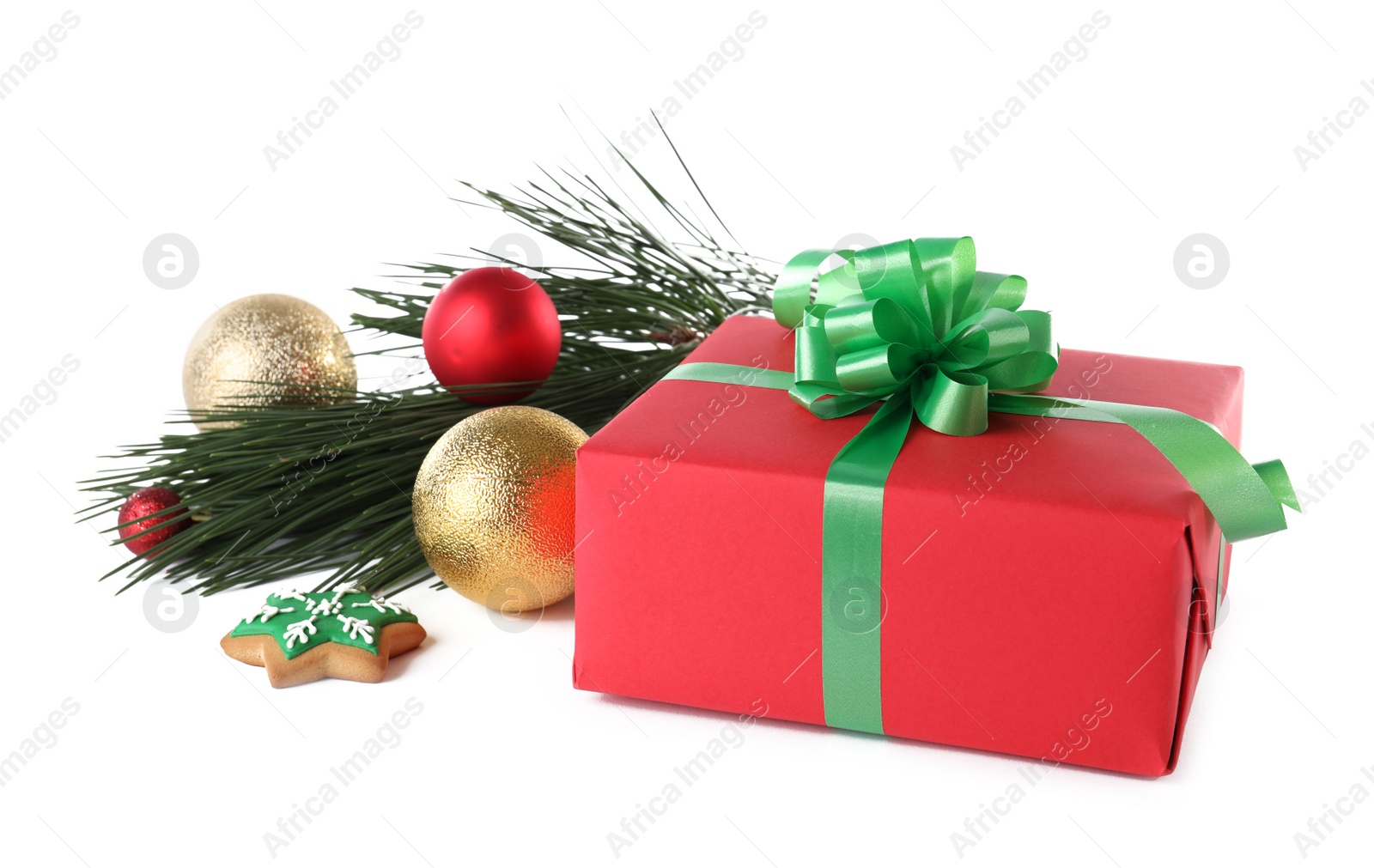 Photo of Christmas gift box with decoration on white background