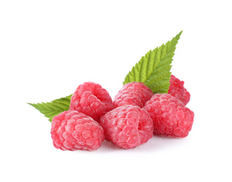 Photo of Pile of fresh ripe raspberries with leaves isolated on white