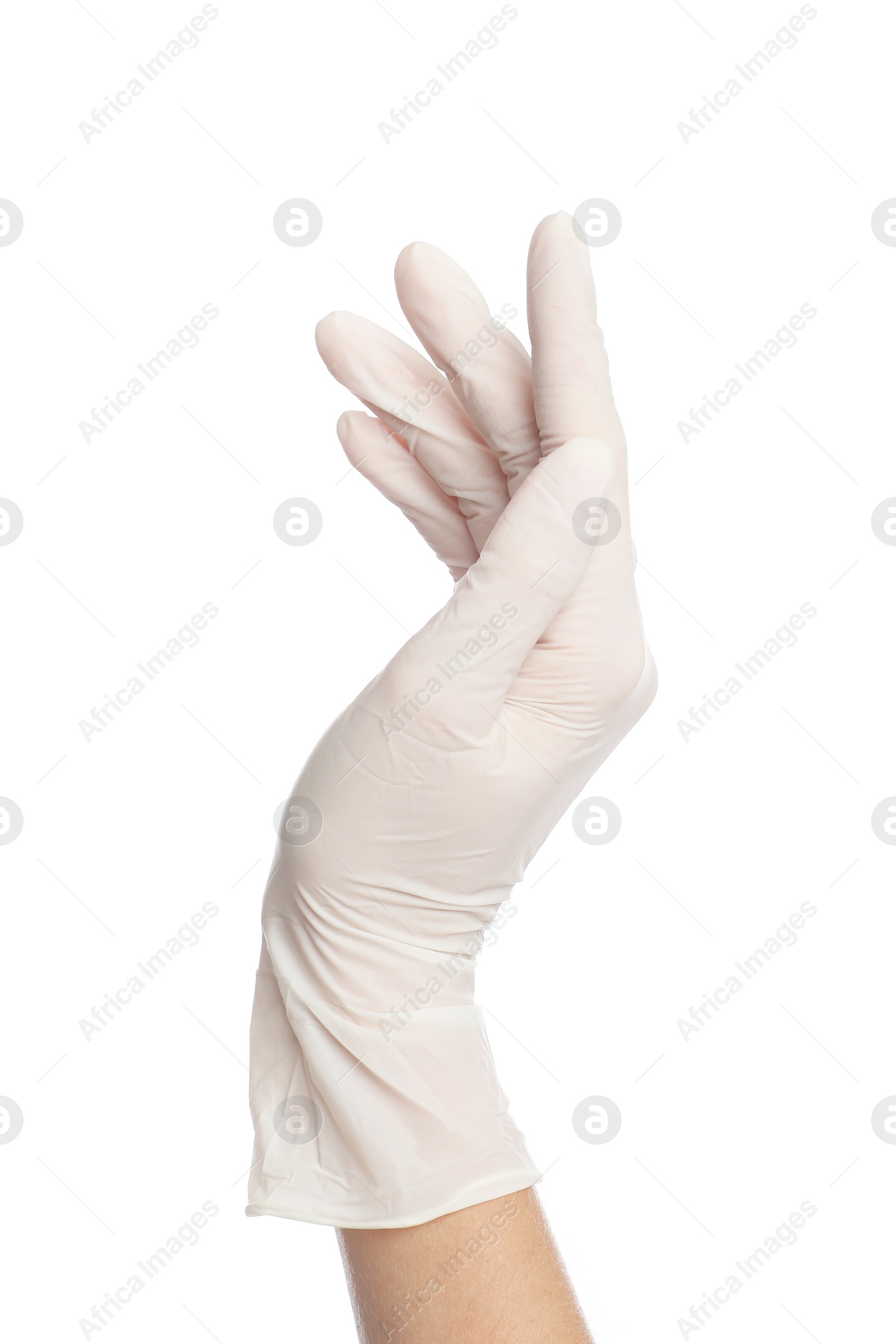 Photo of Doctor wearing medical gloves on white background, closeup