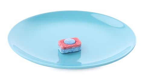 Photo of Light blue plate with dishwasher detergent tablet on white background