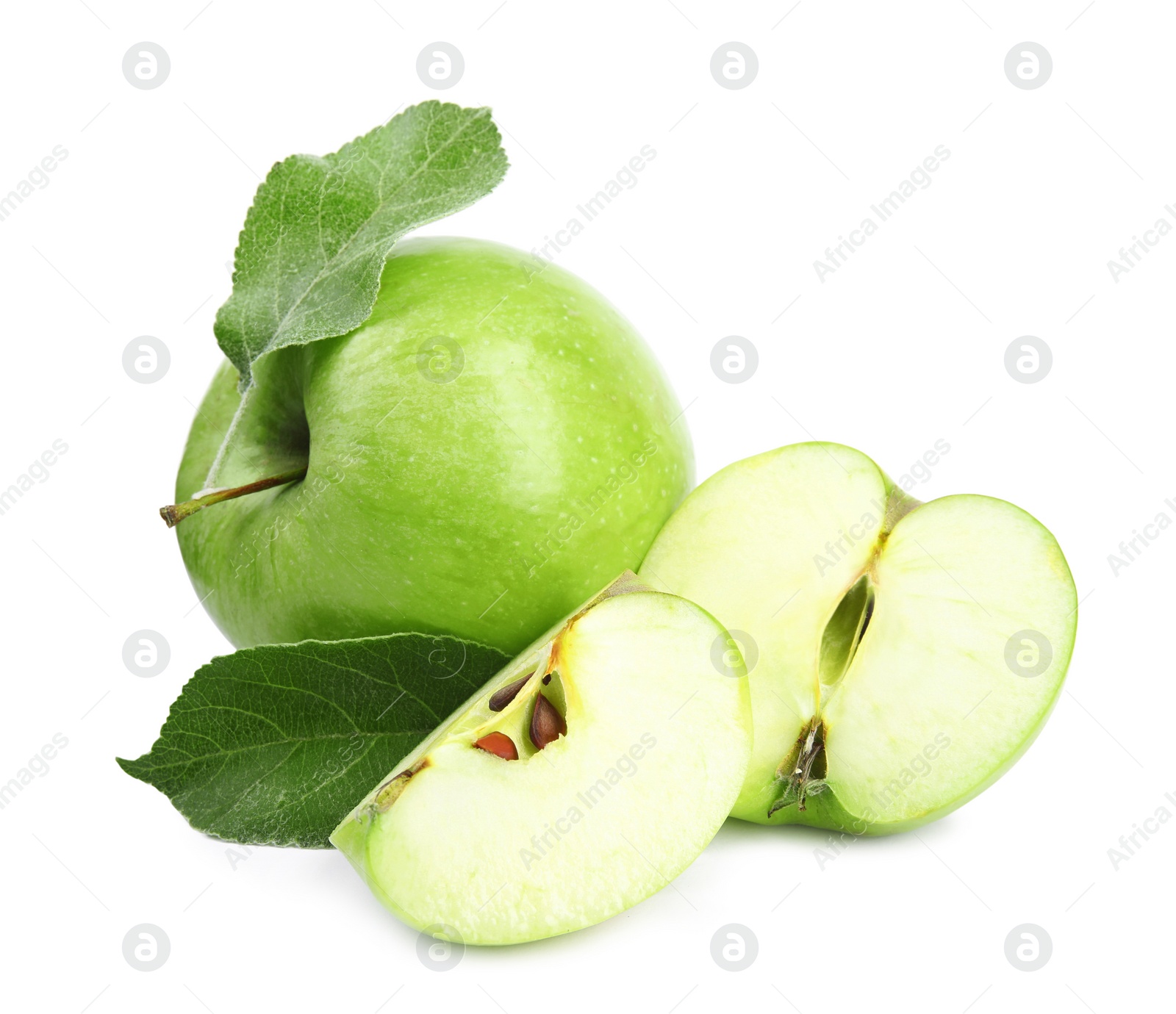 Photo of Fresh ripe green apples with leaf on white background