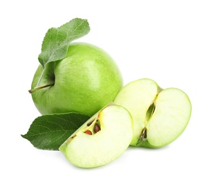 Photo of Fresh ripe green apples with leaf on white background