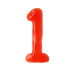 Photo of Number 1 written with red sauce on white background