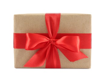 Beautiful gift box with red bow isolated on white