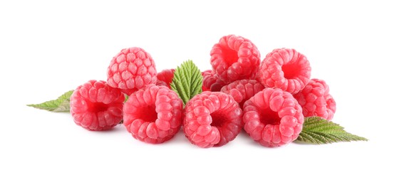 Photo of Many fresh ripe raspberries and green leaves isolated on white