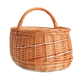 Photo of Empty wicker picnic basket isolated on white