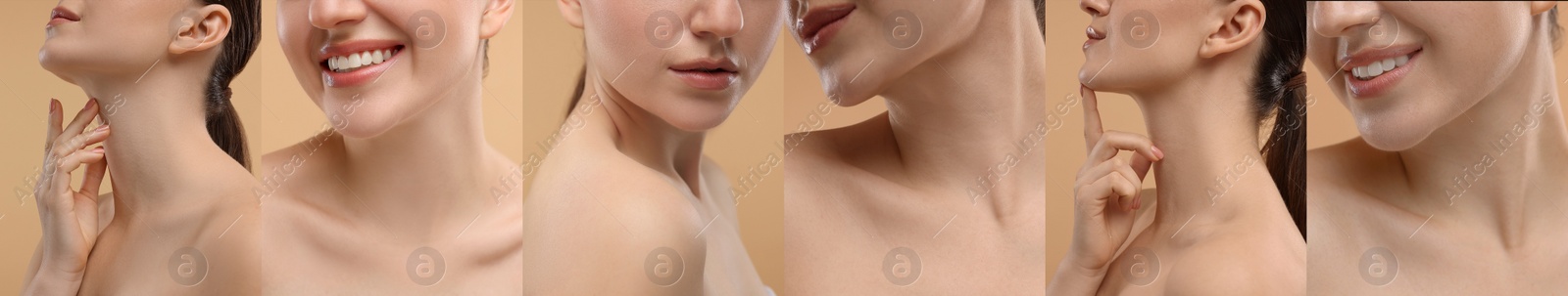 Image of Woman with healthy skin on beige background, set with photos