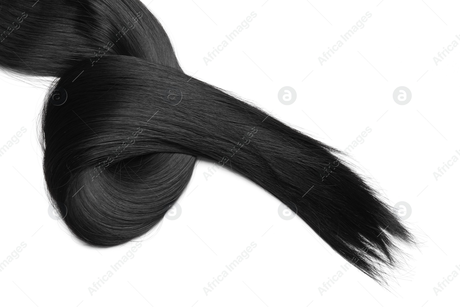 Photo of Lock of beautiful brunette straight hair isolated on white, top view