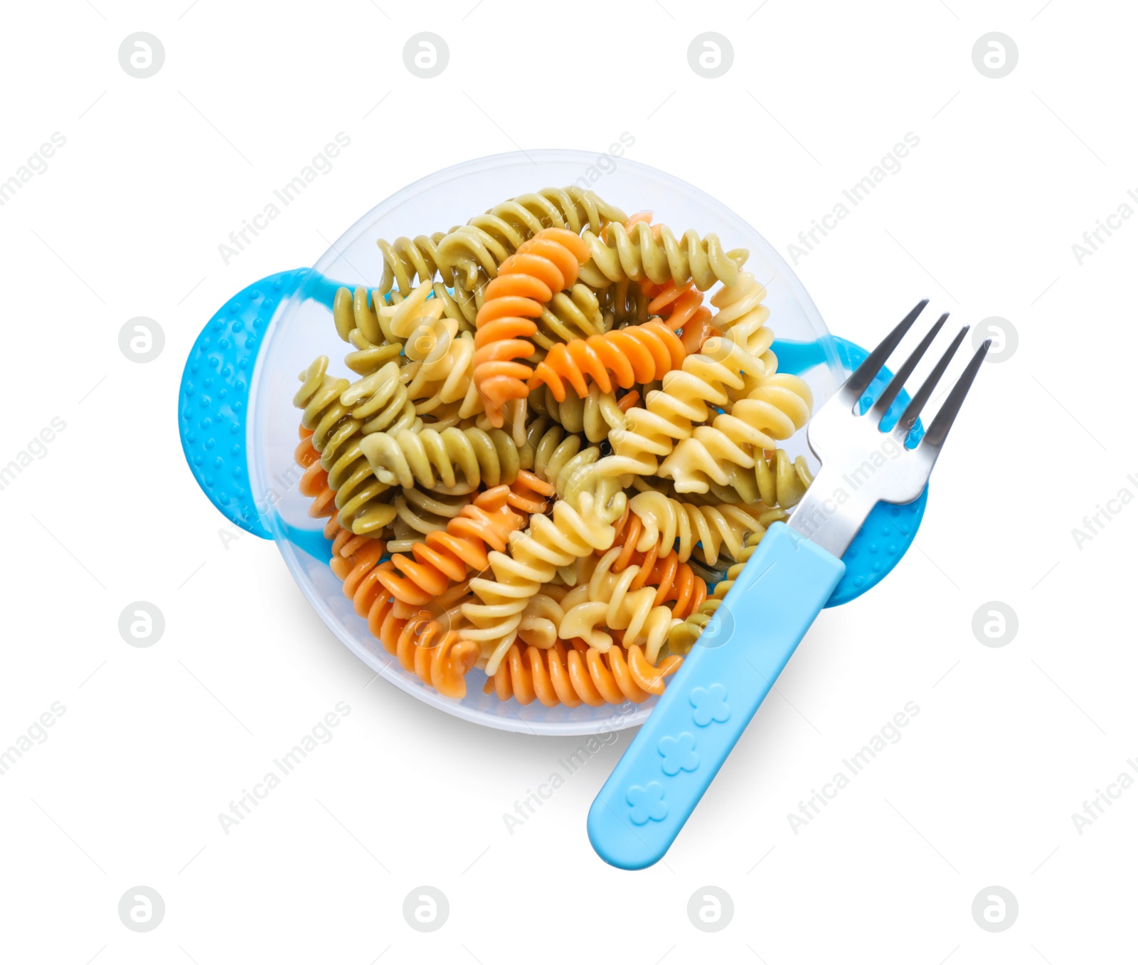 Photo of Bowl with tasty fusilli pasta and fork on white background, top view
