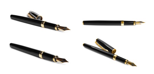 Image of Set with different beautiful fountain pens on white background