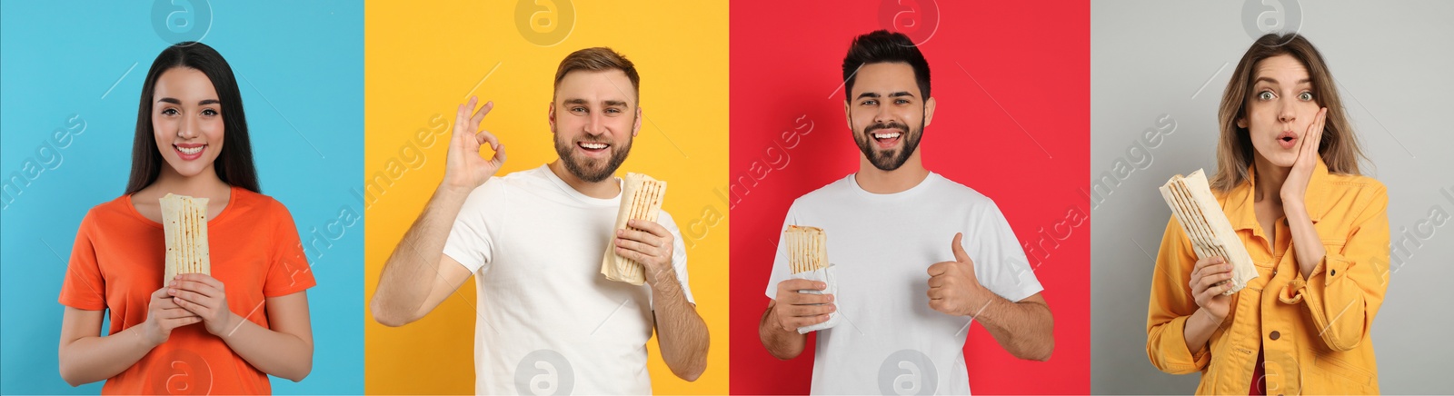 Image of Collage with photos of happy people with tasty shawarmas on different color backgrounds. Banner design