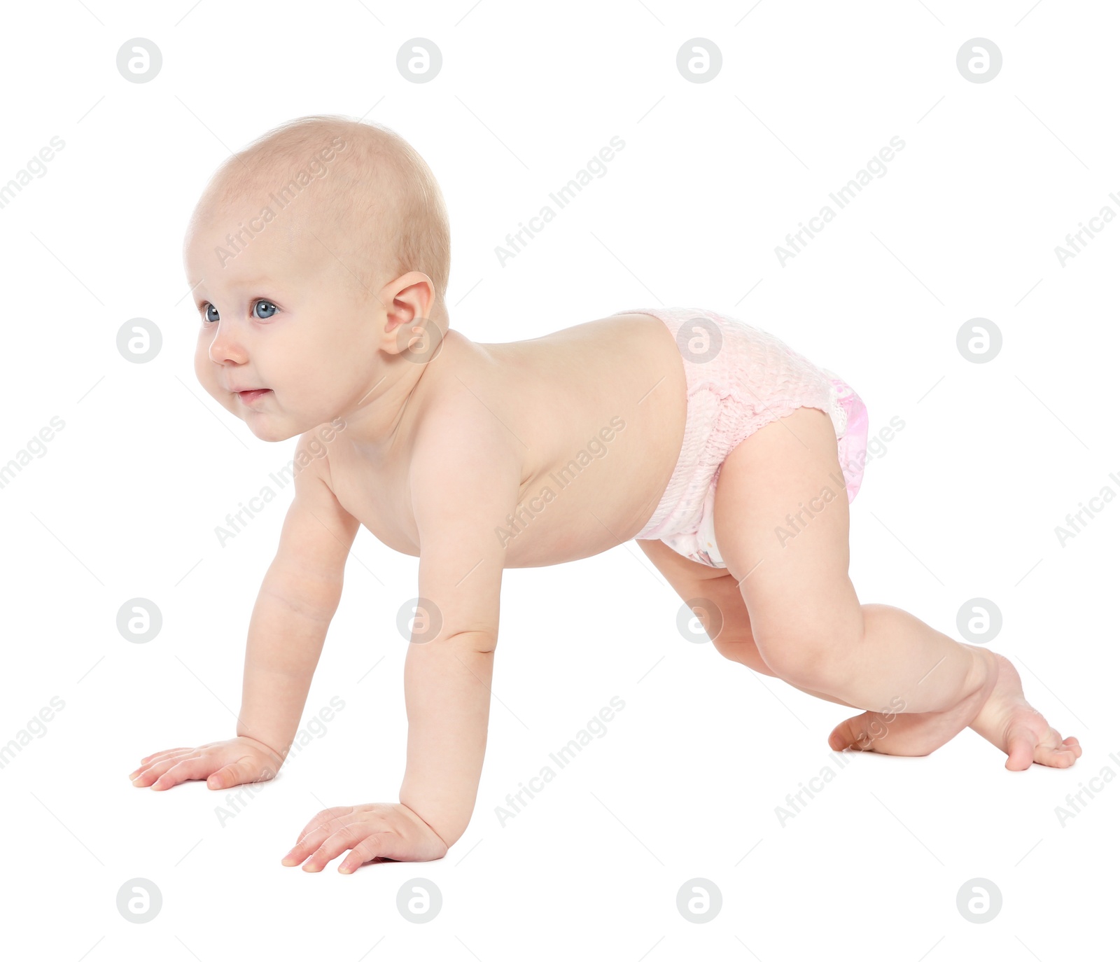 Photo of Cute little baby crawling on white background