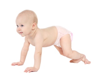 Cute little baby crawling on white background