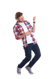 Young man playing air guitar on white background