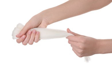 Woman holding felting wool on white background, closeup