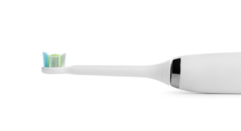 Photo of Electric toothbrush on white background, closeup view