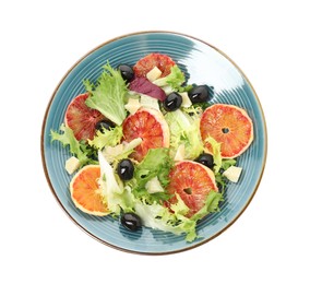 Photo of Plate of delicious sicilian orange salad isolated on white, top view