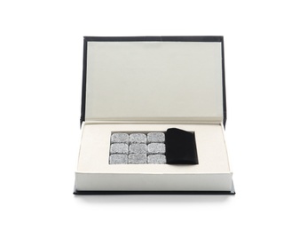 Photo of Box with whiskey stones on white background