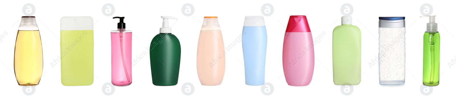 Image of Set with different shower gels on white background. Banner design