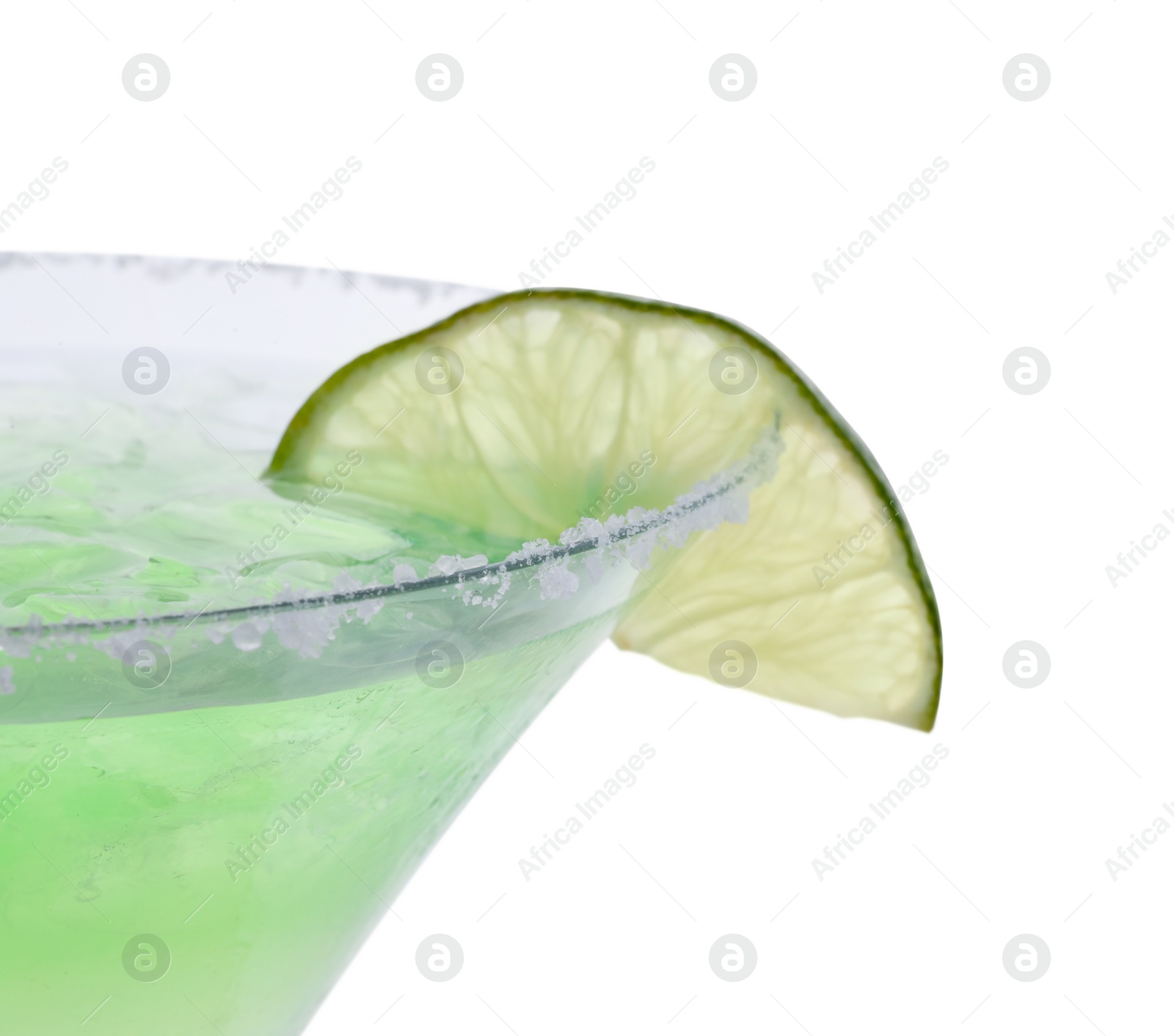 Photo of Delicious Margarita cocktail in glass and lime isolated on white