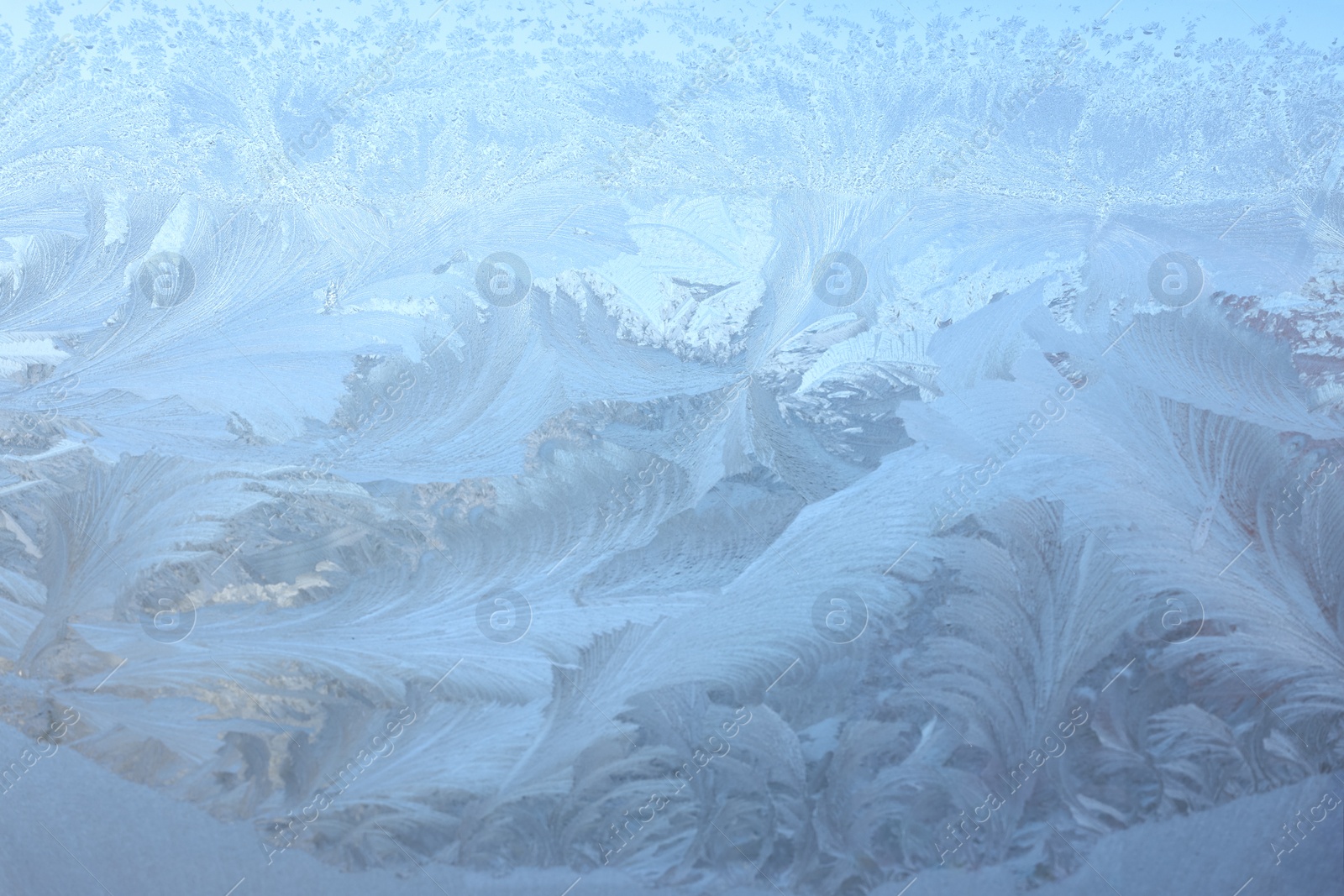 Photo of Beautiful frosty window as background, closeup. Winter morning